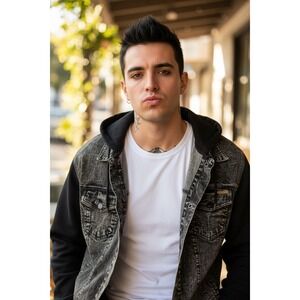 Dravus Mens‎ XL Acid Wash Denim Hybrid Hoodie Streetwear Grunge Truckers Snaps